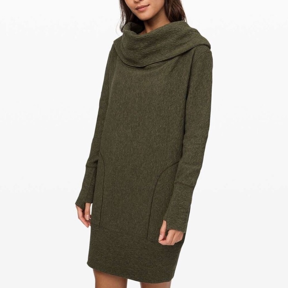 EUC Lululemon Along The Way Dress Heathered Dark Olive Green Cowl Neck - Size XS